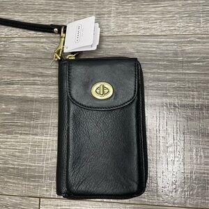 Coach Black Campbell Wallet Wristlet Case Phone Holder Leather Turnlock F50070
